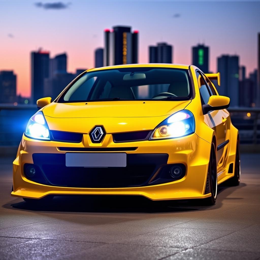 A striking yellow 2006 Renault Clio, equipped with an eye-catching body kit that enhances its sporty character