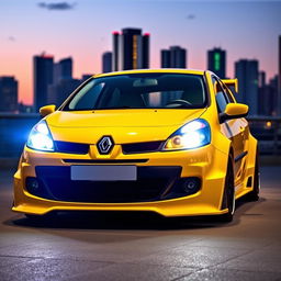 A striking yellow 2006 Renault Clio, equipped with an eye-catching body kit that enhances its sporty character