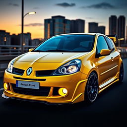 A striking yellow 2006 Renault Clio, equipped with an eye-catching body kit that enhances its sporty character