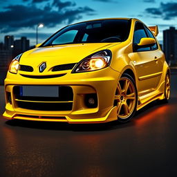 A striking yellow 2006 Renault Clio, equipped with an eye-catching body kit that enhances its sporty character