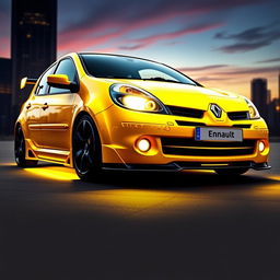 A striking yellow 2006 Renault Clio, equipped with an eye-catching body kit that enhances its sporty character