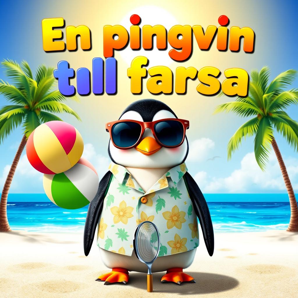 A vibrant movie poster for a comedic film inspired by 'Vacation', featuring a charming penguin in place of the traditional characters