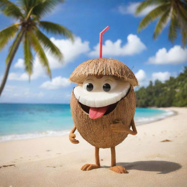 A whimsical image of a coconut character offering a straw, inviting you to drink its refreshing juice, against a backdrop of a beautiful sandy beach.