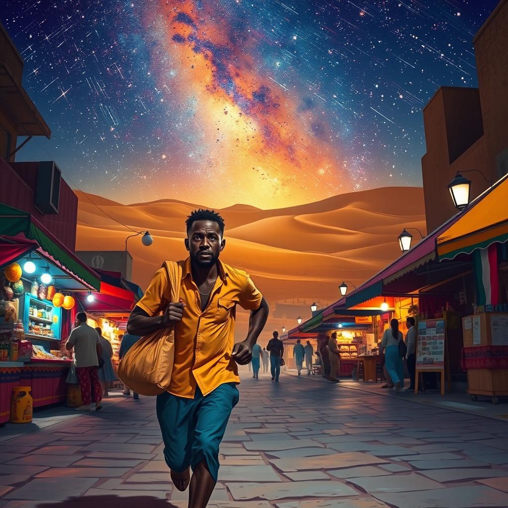 A street vendor of African descent in Spain, running with a bag of loot slung over his shoulder, deep in thought about the three wise men from the East journeying through the desert under a starry sky