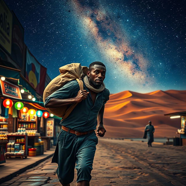 A street vendor of African descent in Spain, running with a bag of loot slung over his shoulder, deep in thought about the three wise men from the East journeying through the desert under a starry sky