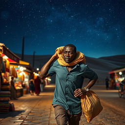 A street vendor of African descent in Spain, running with a bag of loot slung over his shoulder, deep in thought about the three wise men from the East journeying through the desert under a starry sky