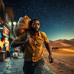 A street vendor of African descent in Spain, running with a bag of loot slung over his shoulder, deep in thought about the three wise men from the East journeying through the desert under a starry sky