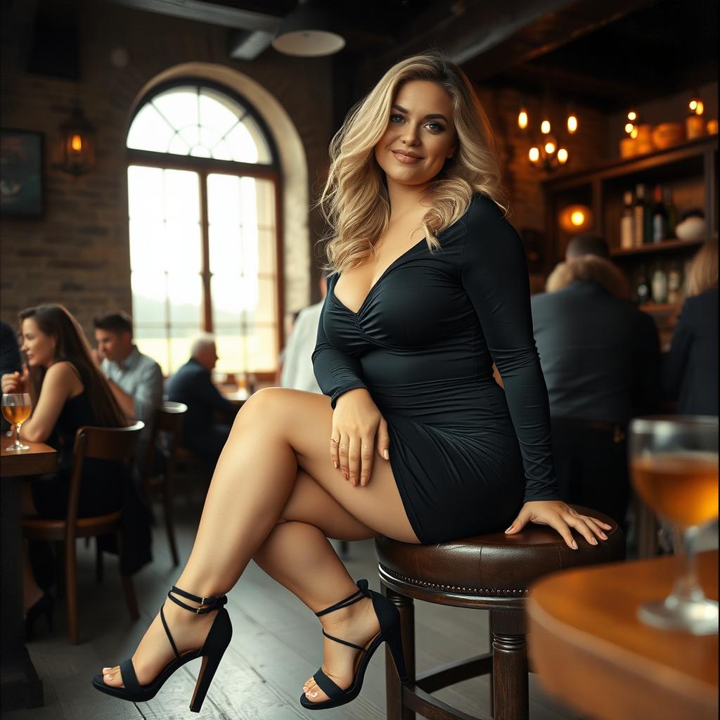 A 40-year-old curvy blonde woman sitting sexily in a busy rustic bar in St Ives