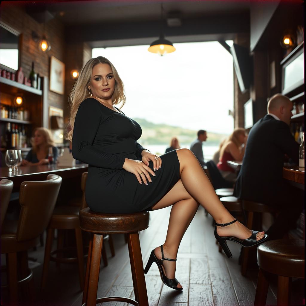 A 40-year-old curvy blonde woman is sitting sexily in a busy rustic bar in St Ives, exuding confidence and allure