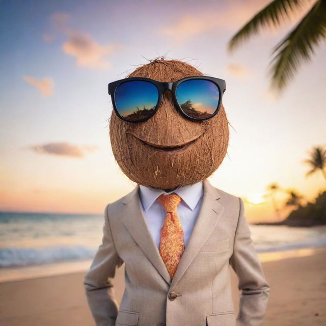 A sassy coconut character sporting a sharp suit and trendy glasses, showcasing a confident stance on a tropical beach with a sunset backdrop.