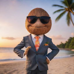 A sassy coconut character sporting a sharp suit and trendy glasses, showcasing a confident stance on a tropical beach with a sunset backdrop.