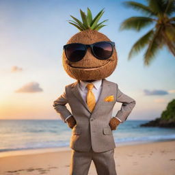 A sassy coconut character sporting a sharp suit and trendy glasses, showcasing a confident stance on a tropical beach with a sunset backdrop.