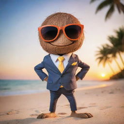 A sassy coconut character sporting a sharp suit and trendy glasses, showcasing a confident stance on a tropical beach with a sunset backdrop.