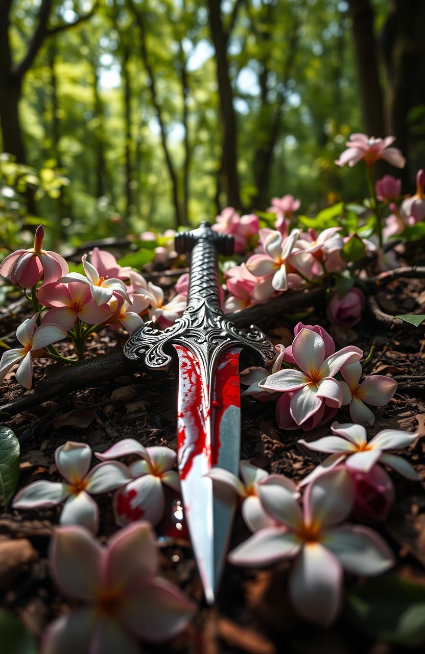 A blood-stained dagger lying on the ground, surrounded by blooming jasmine flowers, evoking a sense of fantasy and mystery