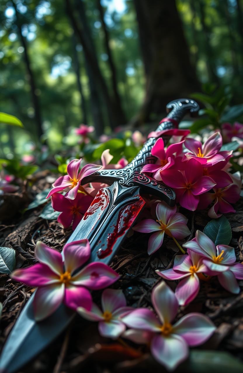 A blood-stained dagger lying on the ground, surrounded by blooming jasmine flowers, evoking a sense of fantasy and mystery