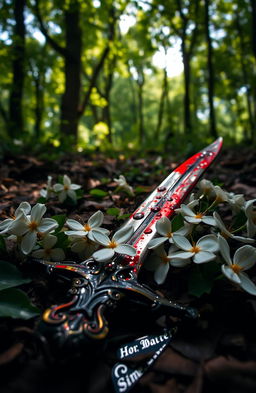 A blood-stained dagger lying on the ground, surrounded by blooming jasmine flowers, evoking a sense of fantasy and mystery