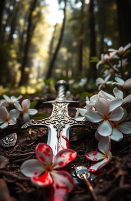 A blood-stained dagger lying on the ground, surrounded by blooming jasmine flowers, evoking a sense of fantasy and mystery