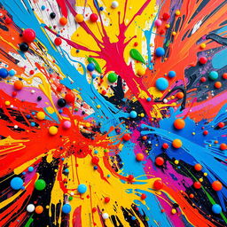 A vibrant and chaotic scene featuring a display of bright colors colliding in an abstract way, with swirling patterns and dynamic shapes representing chaos