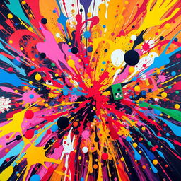 A vibrant and chaotic scene featuring a display of bright colors colliding in an abstract way, with swirling patterns and dynamic shapes representing chaos