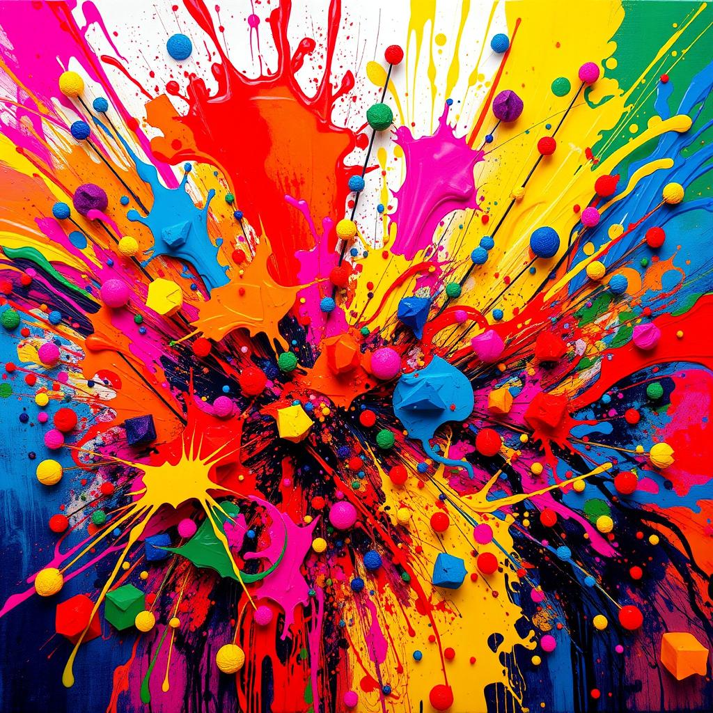 A vibrant and chaotic scene featuring a display of bright colors colliding in an abstract way, with swirling patterns and dynamic shapes representing chaos