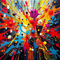 A vibrant and chaotic scene featuring a display of bright colors colliding in an abstract way, with swirling patterns and dynamic shapes representing chaos