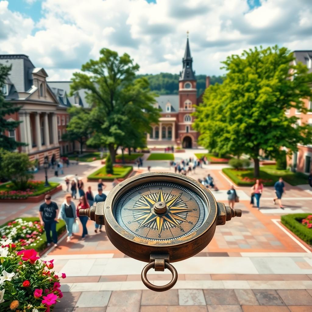 A stunning, picturesque university campus, showcasing beautiful architecture and lush greenery