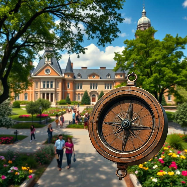 A stunning, picturesque university campus, showcasing beautiful architecture and lush greenery