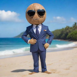 A classy coconut character dressed in a polished suit and shades, exhibiting a cool pose on a sandy beach with a stunning ocean view in the background.