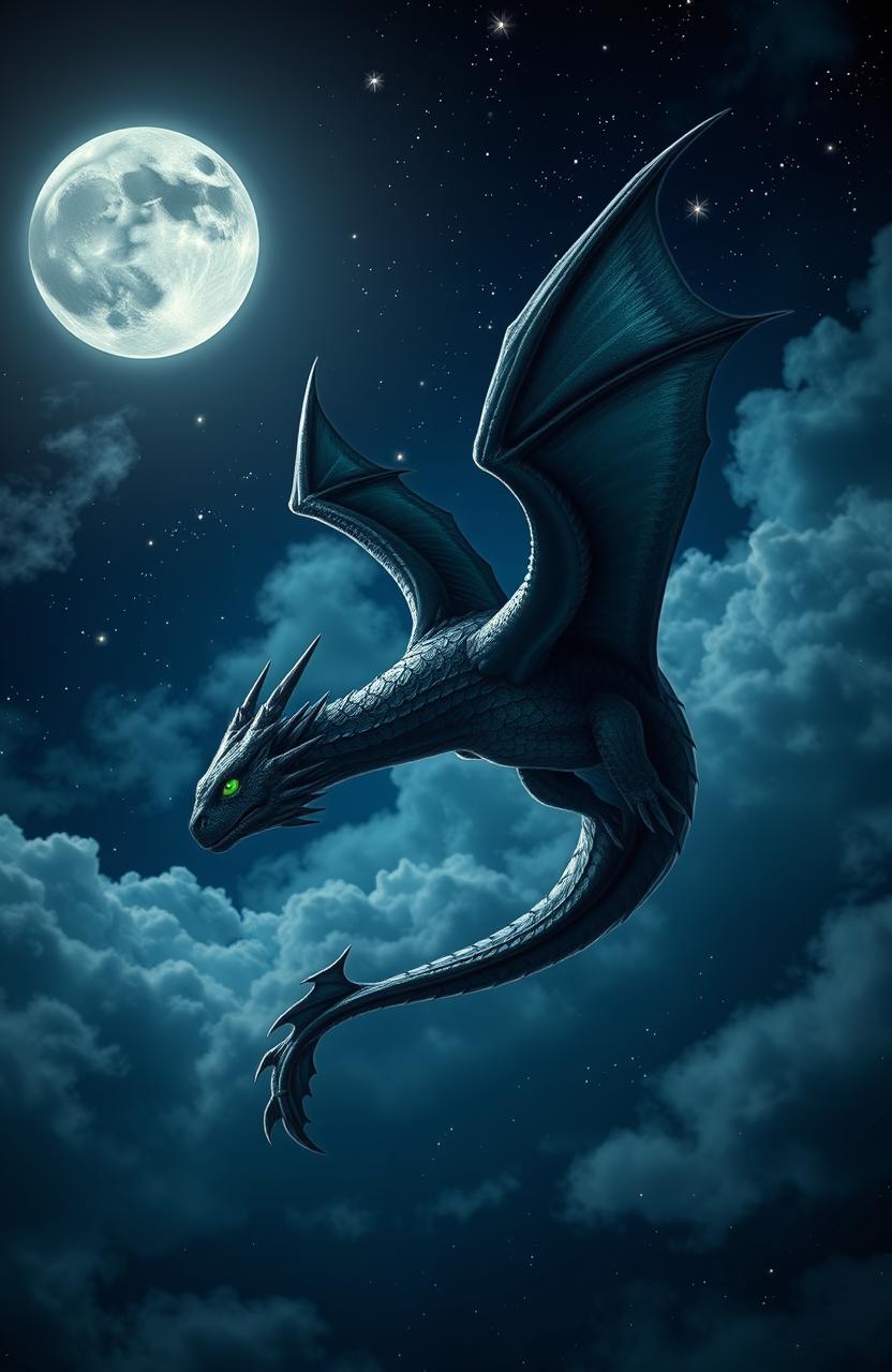 A majestic black dragon soaring through a starry night sky, its scales glimmering in the moonlight