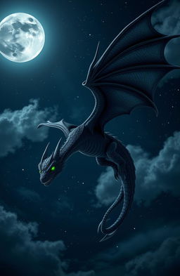 A majestic black dragon soaring through a starry night sky, its scales glimmering in the moonlight