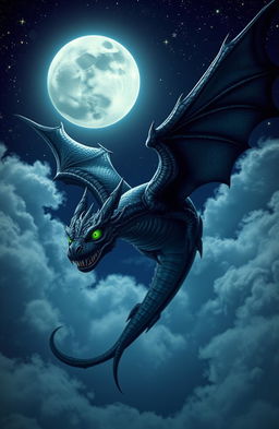 A majestic black dragon soaring through a starry night sky, its scales glimmering in the moonlight