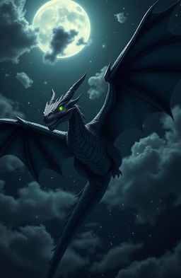 A majestic black dragon soaring through a starry night sky, its scales glimmering in the moonlight