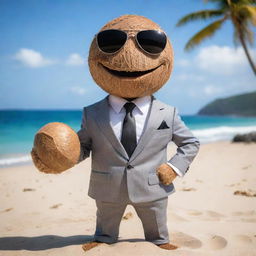 A classy coconut character dressed in a polished suit and shades, exhibiting a cool pose on a sandy beach with a stunning ocean view in the background.