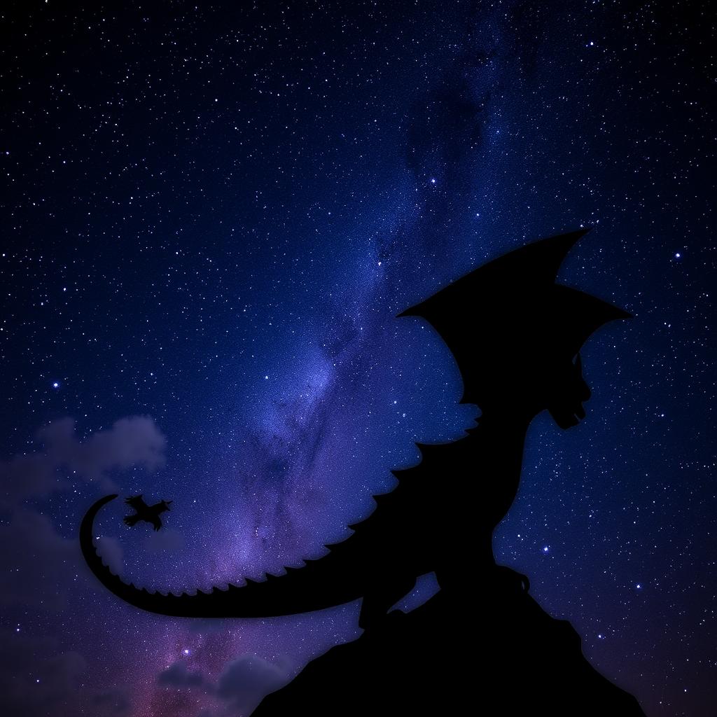 A striking silhouette of a black dragon against a vibrant starry sky, showcasing its majestic wings and elongated body