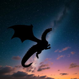 A striking silhouette of a black dragon against a vibrant starry sky, showcasing its majestic wings and elongated body