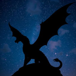 A striking silhouette of a black dragon against a vibrant starry sky, showcasing its majestic wings and elongated body