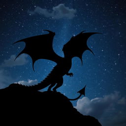 A striking silhouette of a black dragon against a vibrant starry sky, showcasing its majestic wings and elongated body