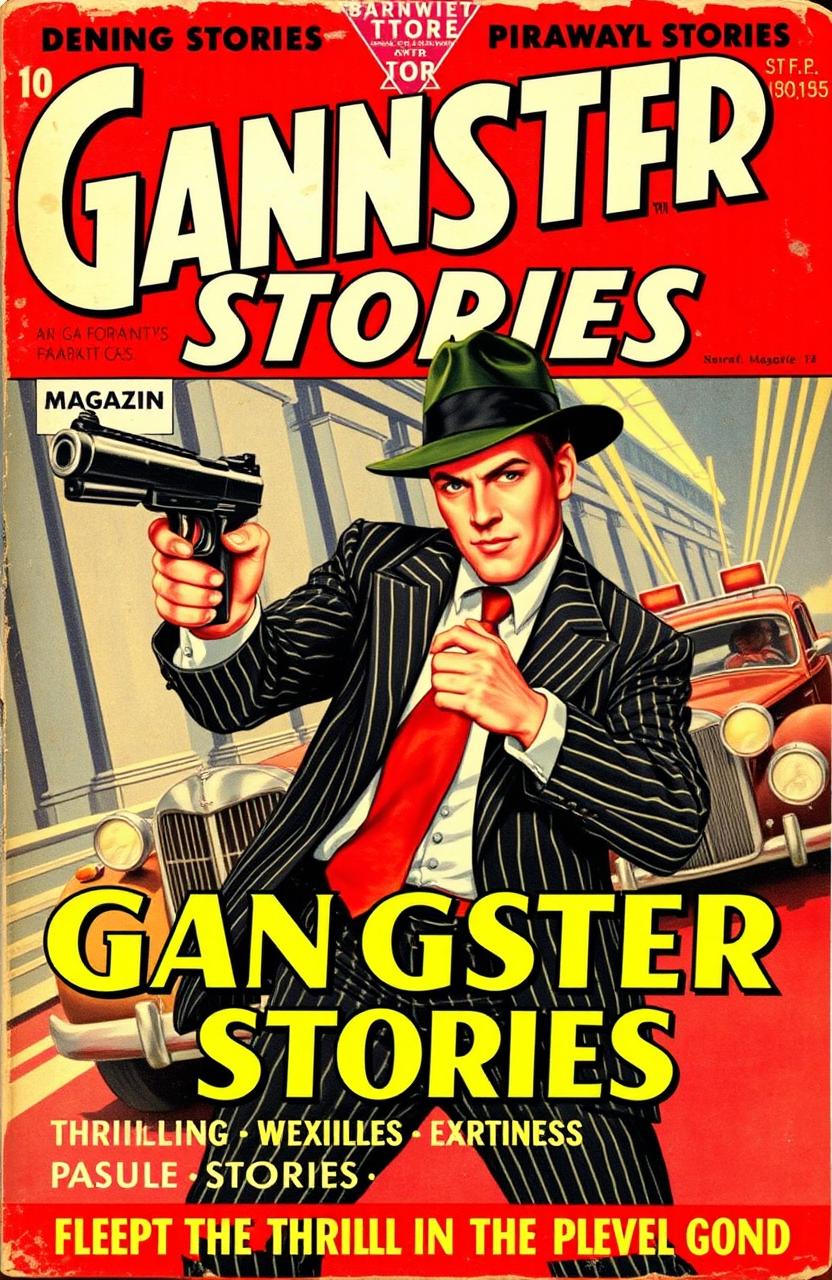 A vintage 1930's pulp magazine cover titled 'Gangster Stories Magazine', featuring a dynamic illustration of a daring bank heist with a stylishly dressed gangster in a fedora and pinstripe suit holding a Tommy gun