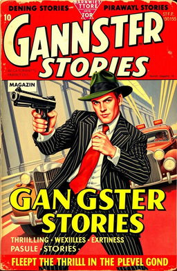 A vintage 1930's pulp magazine cover titled 'Gangster Stories Magazine', featuring a dynamic illustration of a daring bank heist with a stylishly dressed gangster in a fedora and pinstripe suit holding a Tommy gun