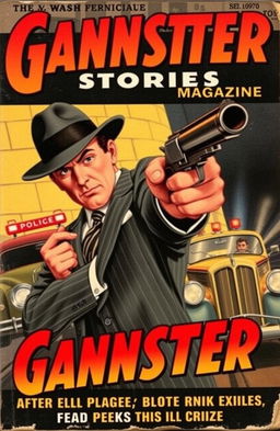 A vintage 1930's pulp magazine cover titled 'Gangster Stories Magazine', featuring a dynamic illustration of a daring bank heist with a stylishly dressed gangster in a fedora and pinstripe suit holding a Tommy gun