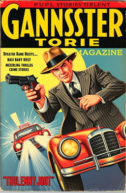 A vintage 1930's pulp magazine cover titled 'Gangster Stories Magazine', featuring a dynamic illustration of a daring bank heist with a stylishly dressed gangster in a fedora and pinstripe suit holding a Tommy gun