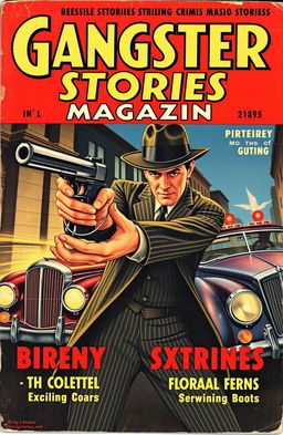 A vintage 1930's pulp magazine cover titled 'Gangster Stories Magazine', featuring a dynamic illustration of a daring bank heist with a stylishly dressed gangster in a fedora and pinstripe suit holding a Tommy gun