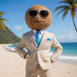 A classy coconut character dressed in a polished suit and shades, exhibiting a cool pose on a sandy beach with a stunning ocean view in the background.