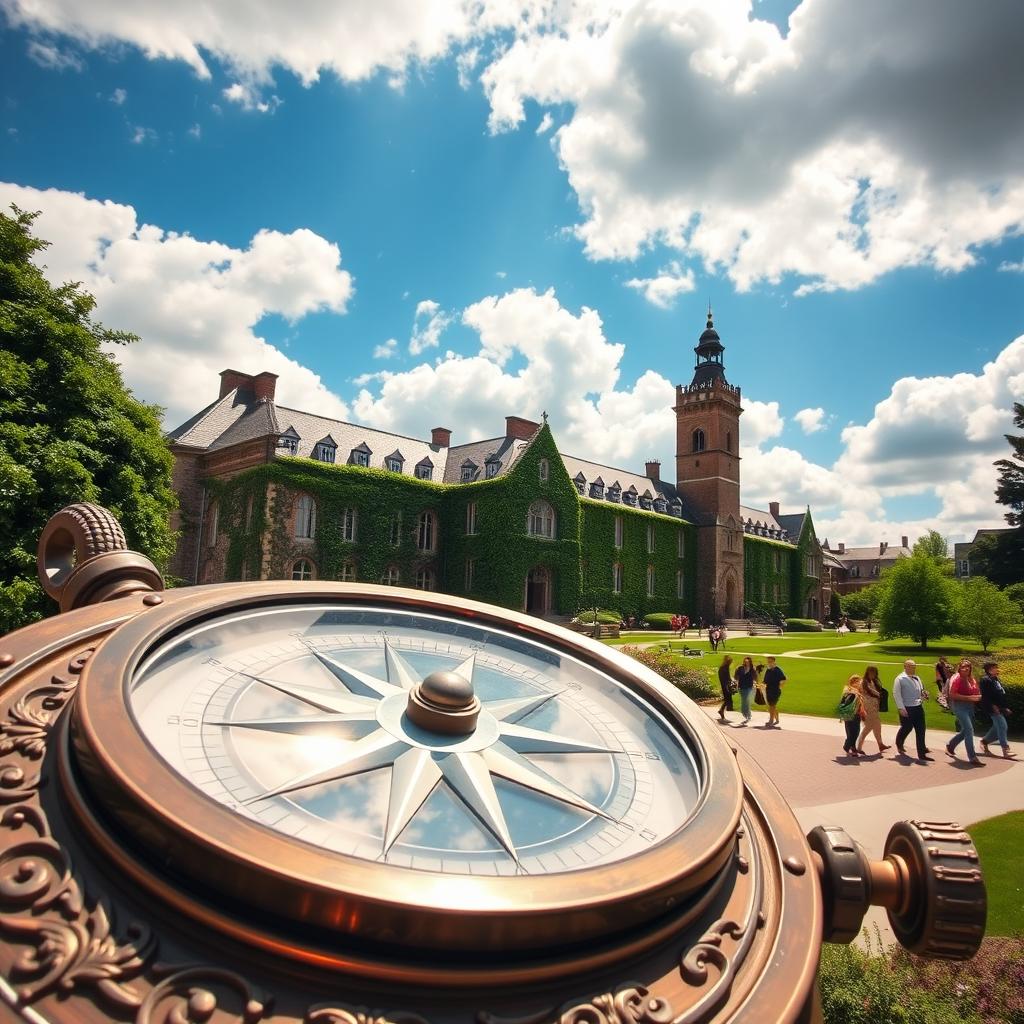 A large, intricately designed compass in the foreground, with a university campus prominently displayed in the background