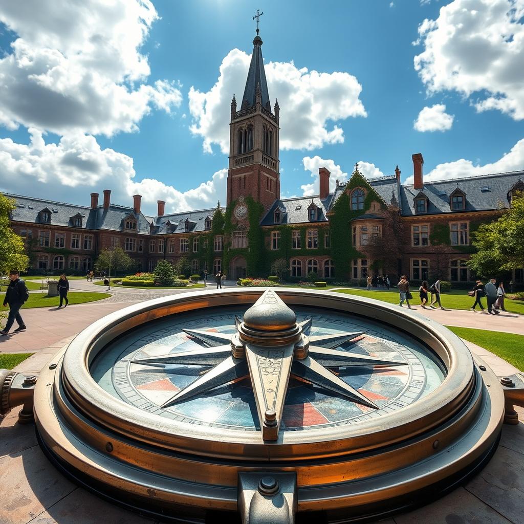 A large, intricately designed compass in the foreground, with a university campus prominently displayed in the background