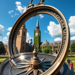 A large, intricately designed compass in the foreground, with a university campus prominently displayed in the background