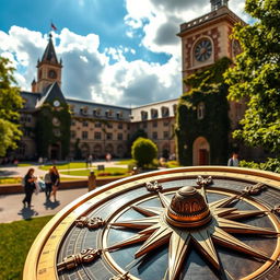 A large, intricately designed compass in the foreground, with a university campus prominently displayed in the background