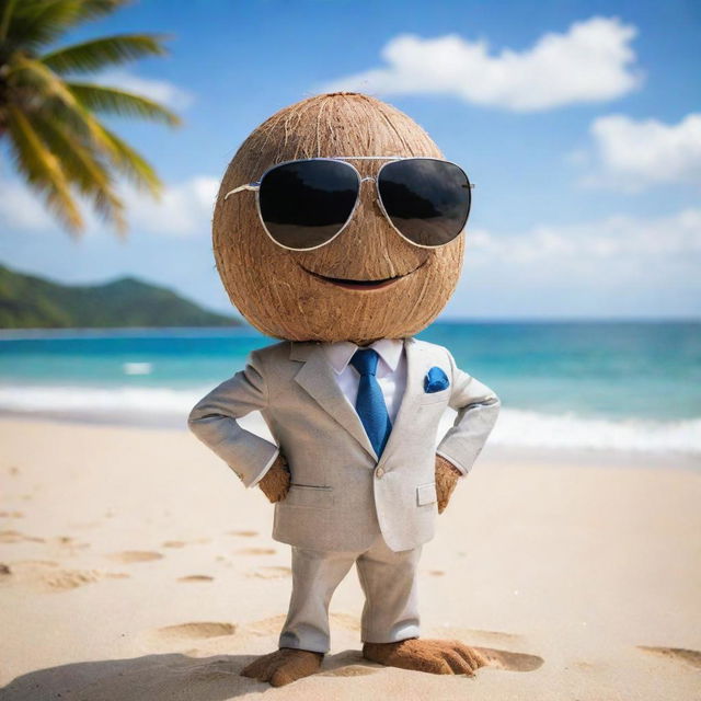 A classy coconut character dressed in a polished suit and shades, exhibiting a cool pose on a sandy beach with a stunning ocean view in the background.