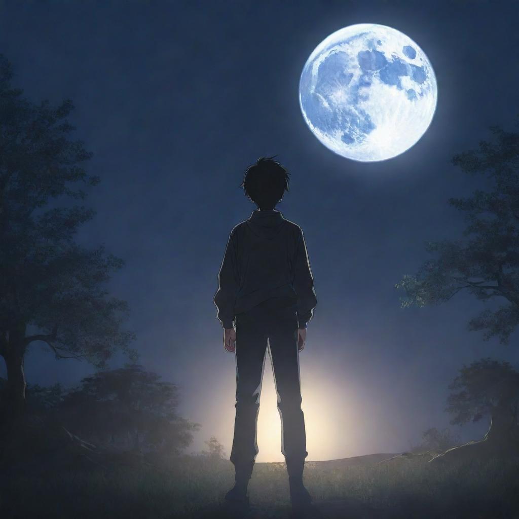 An anime-style boy standing under the bright, softly glowing moonlight, with shadows casting a dramatic scene.