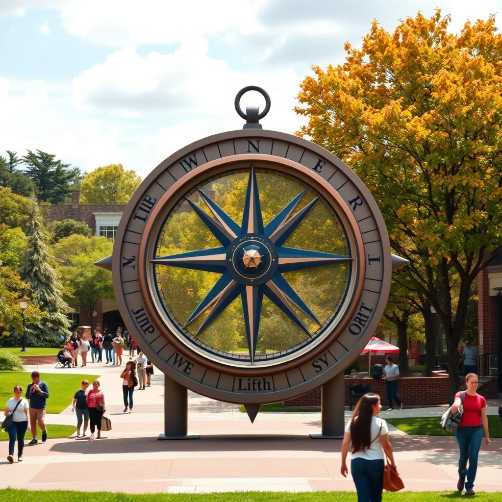 A large compass with the direction 'Life' instead of 'North', set against a background of a vibrant campus with trees and buildings